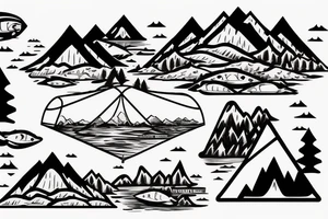 Mountains with a lake where fish are jumping and a tent in the fire ground tattoo idea