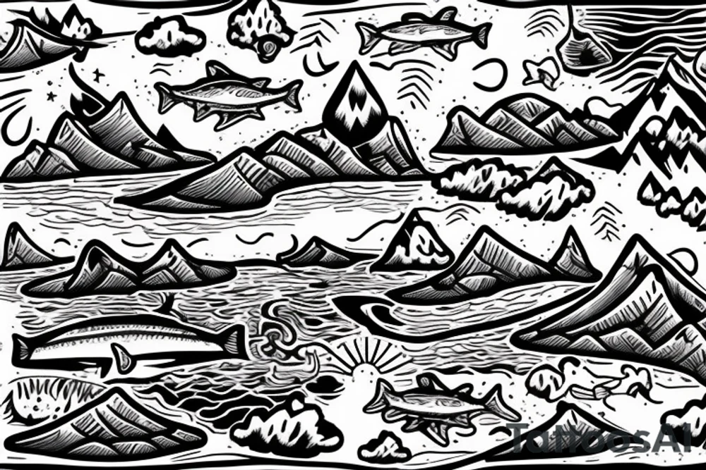 Mountains with a lake where fish are jumping and a tent in the fire ground tattoo idea