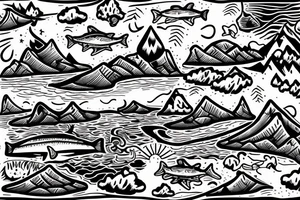 Mountains with a lake where fish are jumping and a tent in the fire ground tattoo idea