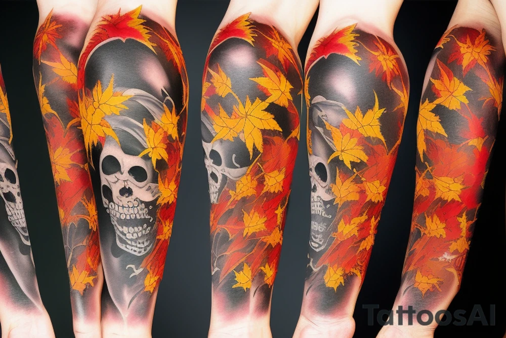 Grim Reaper holding a scythe with red, orange and yellow autumn leaves in the background tattoo idea