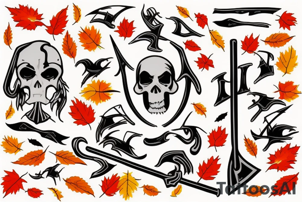 Grim Reaper holding a scythe with red, orange and yellow autumn leaves in the background tattoo idea