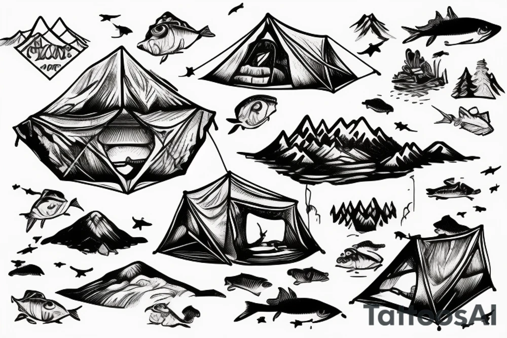 Mountains with a lake where fish are jumping and a tent in the fore ground tattoo idea