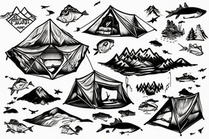 Mountains with a lake where fish are jumping and a tent in the fore ground tattoo idea