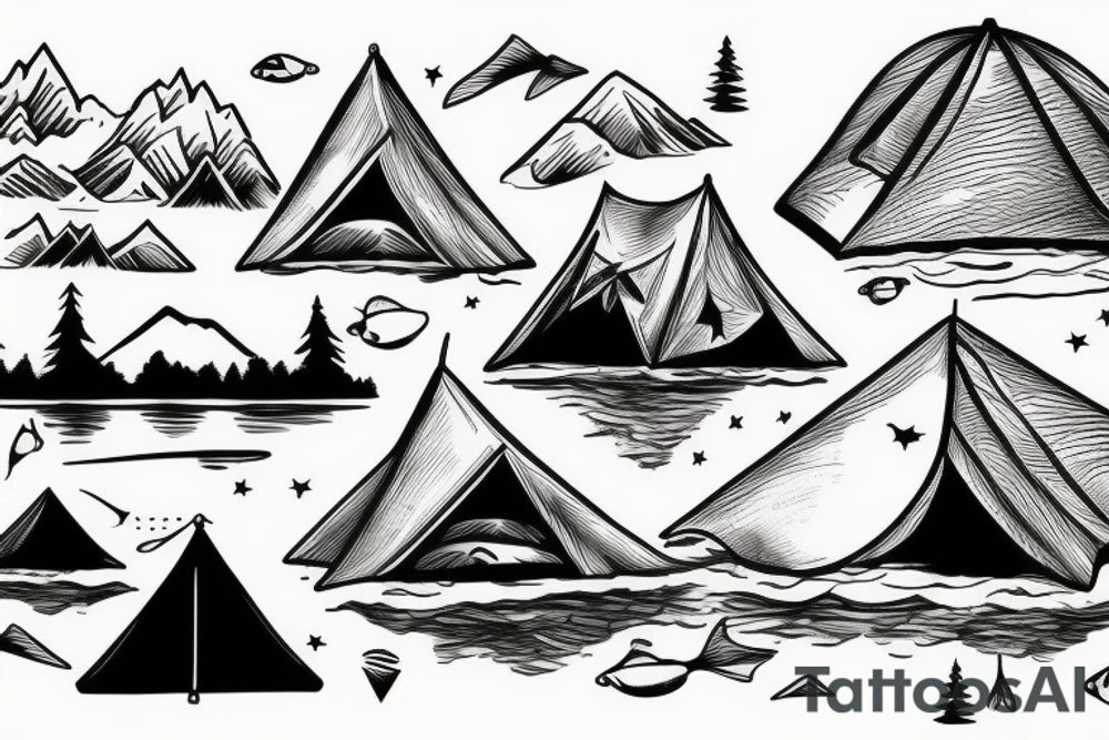 Mountains with a lake where fish are jumping and a tent in the fore ground tattoo idea