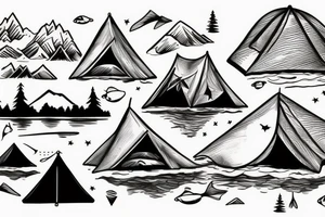 Mountains with a lake where fish are jumping and a tent in the fore ground tattoo idea