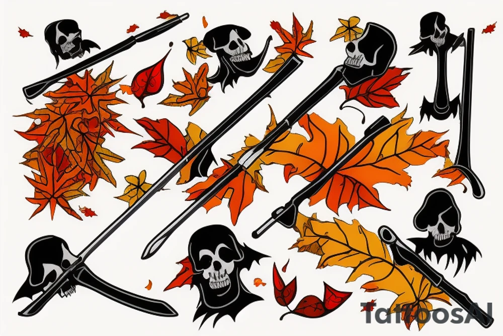 Grim Reaper holding a scythe with red, orange and yellow autumn leaves in the background tattoo idea