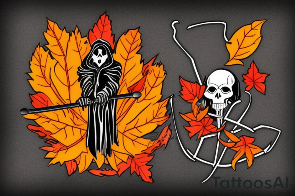 Grim Reaper holding a scythe with red, orange and yellow autumn leaves in the background tattoo idea