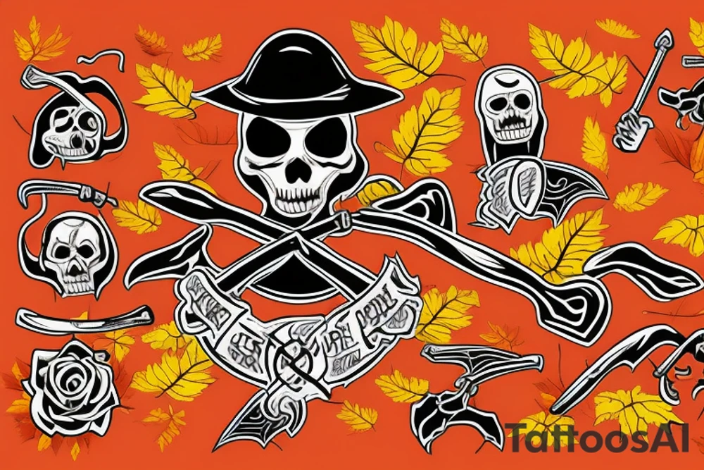 Grim Reaper holding a scythe with red, orange and yellow autumn leaves in the background tattoo idea