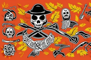 Grim Reaper holding a scythe with red, orange and yellow autumn leaves in the background tattoo idea