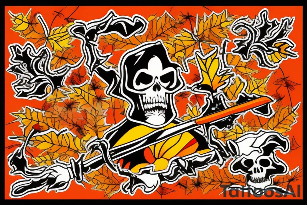 Grim Reaper holding a scythe with red, orange and yellow autumn leaves in the background tattoo idea