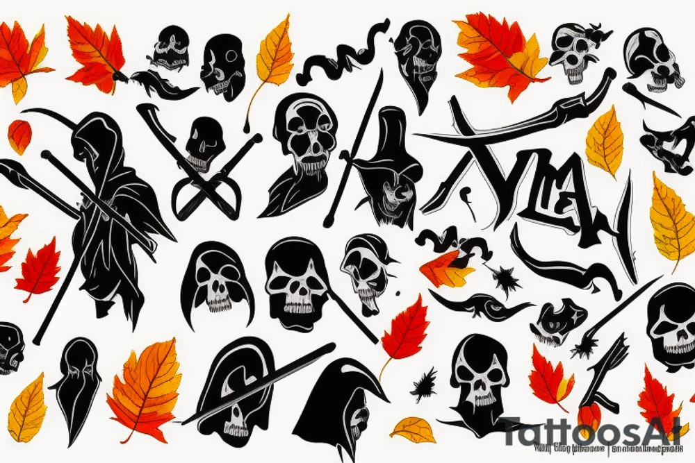 Grim Reaper with red, orange and yellow autumn leaves behind him tattoo idea