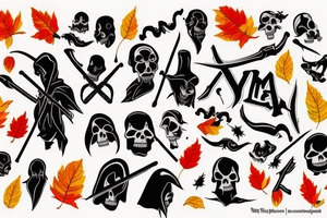 Grim Reaper with red, orange and yellow autumn leaves behind him tattoo idea