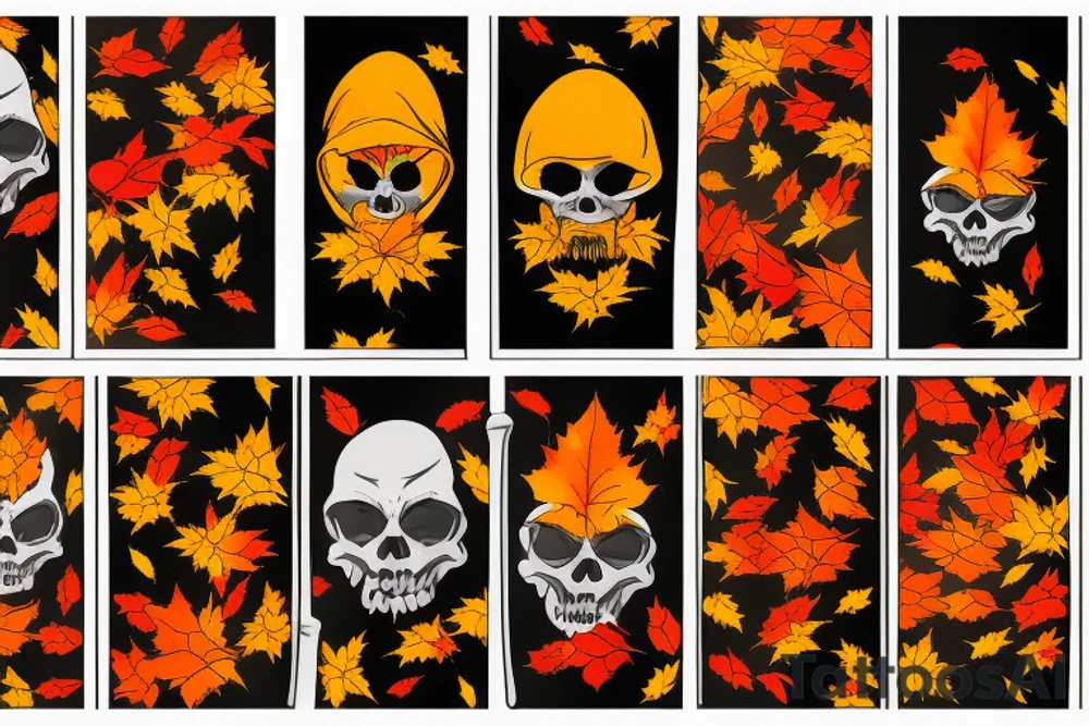 Grim Reaper with red, orange and yellow autumn leaves behind him tattoo idea