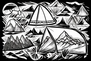 Tent in front of mountains tattoo idea