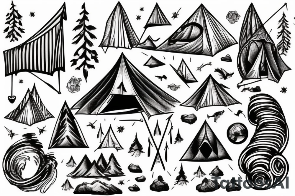 Tent in front of mountains tattoo idea