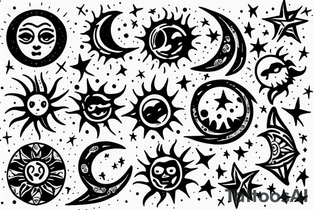 hill with sun,moon,star tattoo idea