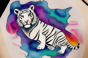 White tiger with a rainbow and Mt Fuji in the background tattoo idea