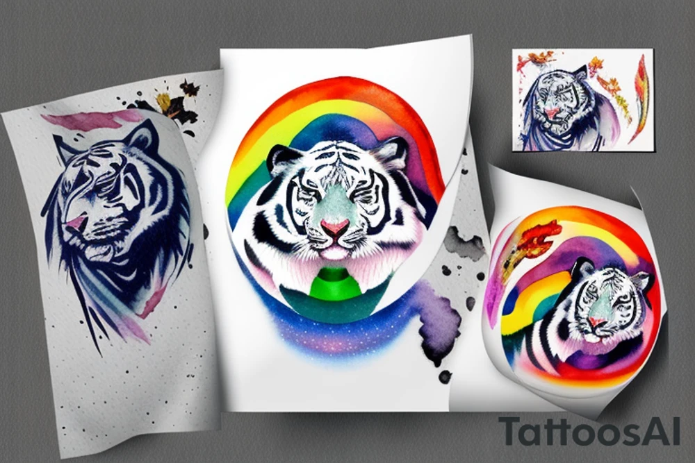 White tiger with a rainbow and Mt Fuji in the background tattoo idea