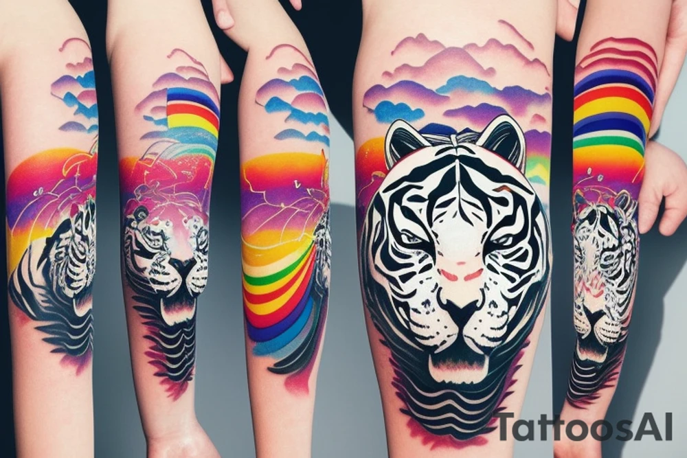 White tiger with a rainbow and Mt Fuji in the background tattoo idea