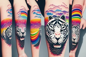 White tiger with a rainbow and Mt Fuji in the background tattoo idea