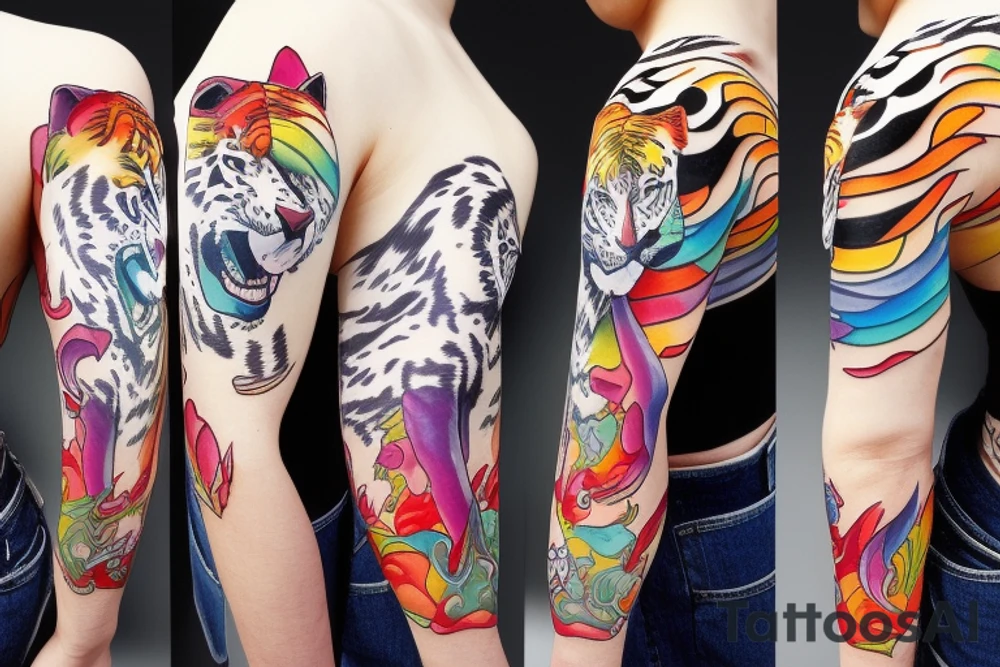 White tiger with a rainbow and Mt Fuji in the background tattoo idea