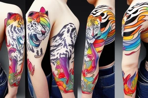 White tiger with a rainbow and Mt Fuji in the background tattoo idea