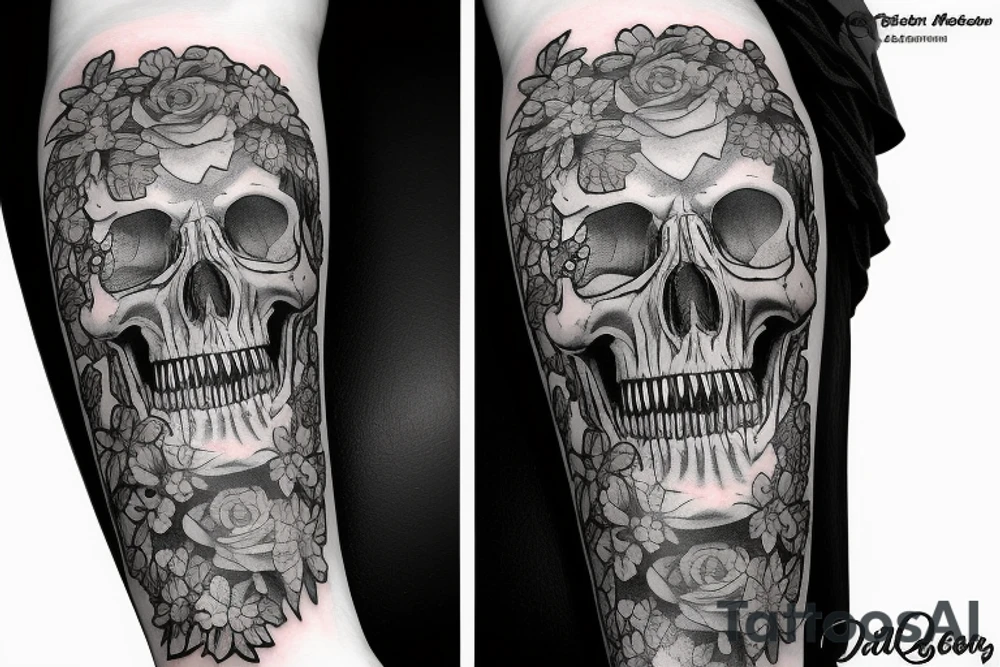 tyrannosaurus skull with flowers tattoo idea
