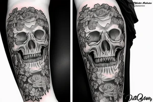 tyrannosaurus skull with flowers tattoo idea