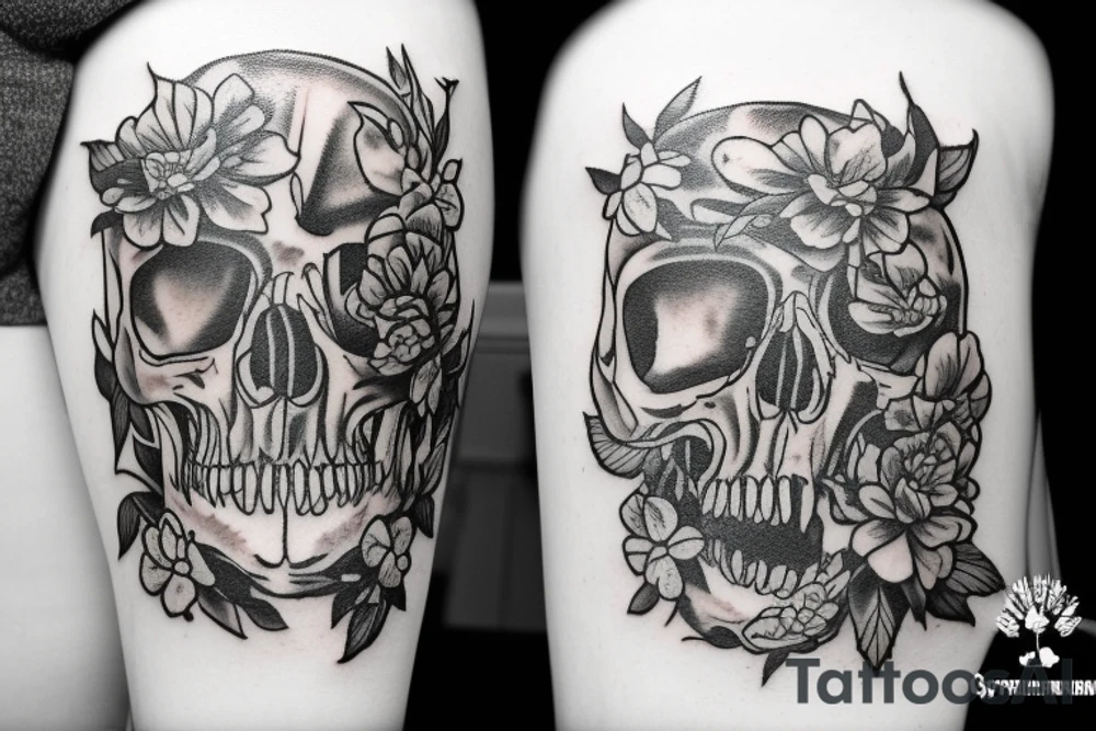 tyrannosaurus skull with flowers tattoo idea