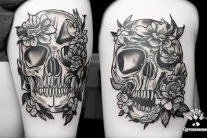 tyrannosaurus skull with flowers tattoo idea