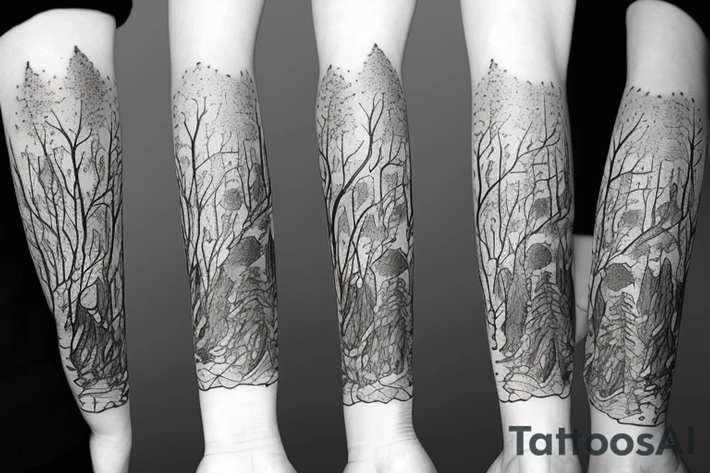 Snufkin tattoo walking from dark forest on bumpy road tattoo idea