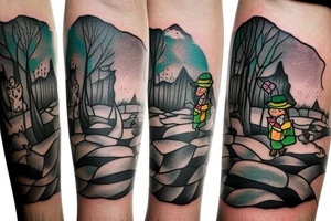 Snufkin tattoo walking from dark forest on bumpy road tattoo idea