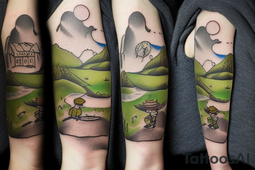 Snufkin tattoo walking from dark forest on bumpy road tattoo idea