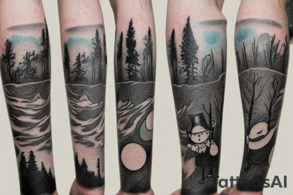 Snufkin tattoo walking from dark forest on bumpy road tattoo idea