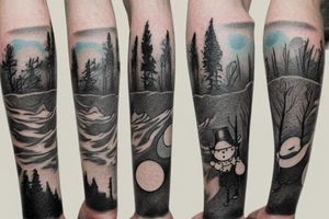 Snufkin tattoo walking from dark forest on bumpy road tattoo idea