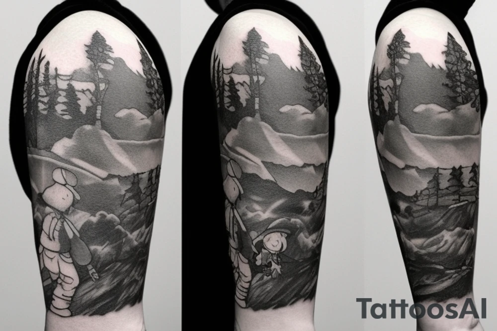 Snufkin tattoo walking from dark forest on bumpy road tattoo idea
