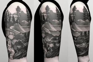 Snufkin tattoo walking from dark forest on bumpy road tattoo idea