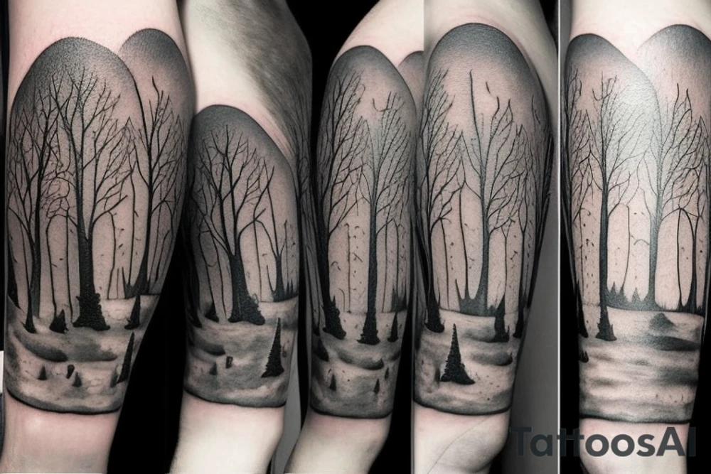 Snufkin tattoo walking out
 from dark forest on bumpy road tattoo idea