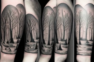 Snufkin tattoo walking out
 from dark forest on bumpy road tattoo idea