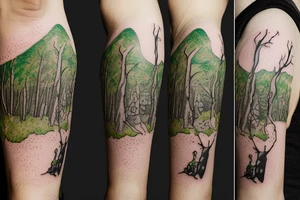 Snufkin tattoo walking out
 from dark forest on bumpy road tattoo idea