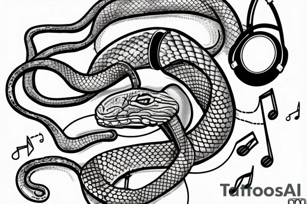 Make me a python with headphones and music related concepts throughout the image tattoo idea