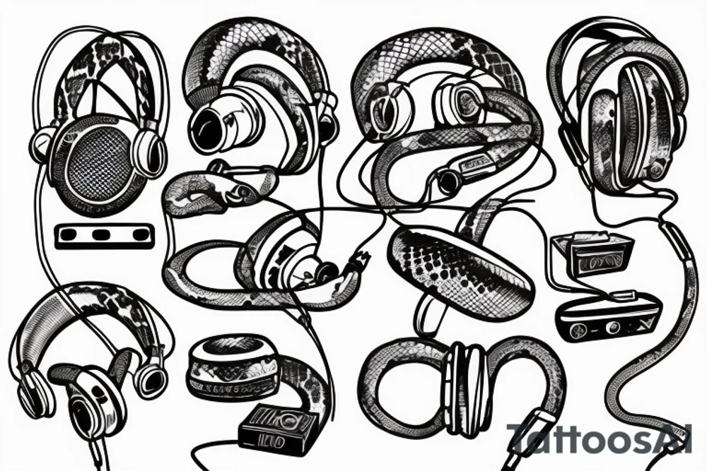 Make me a python with headphones and music related concepts throughout the image tattoo idea