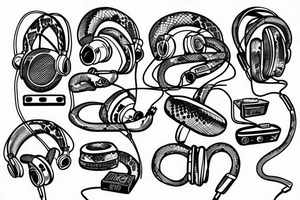 Make me a python with headphones and music related concepts throughout the image tattoo idea