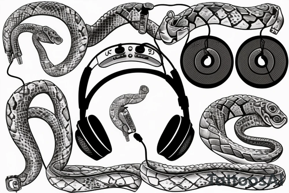 Make me a python with headphones and music related concepts throughout the image tattoo idea