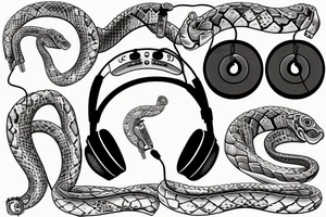 Make me a python with headphones and music related concepts throughout the image tattoo idea