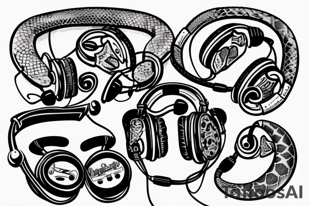 Make me a python with headphones and music related concepts throughout the image tattoo idea