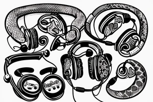 Make me a python with headphones and music related concepts throughout the image tattoo idea