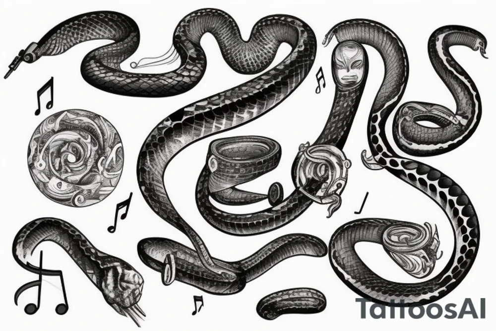 Make me a python with  music related concepts throughout the image tattoo idea