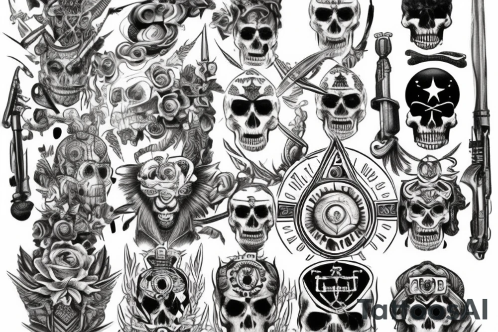 I'm looking for a full back tattoo that incorporates military service, warrior mindset, family, skulls/death, rebirth, freemasonry, connection to the universe, the all seeing eye, dice, time. tattoo idea