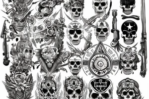 I'm looking for a full back tattoo that incorporates military service, warrior mindset, family, skulls/death, rebirth, freemasonry, connection to the universe, the all seeing eye, dice, time. tattoo idea